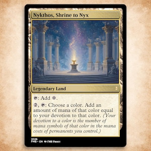 May include: A rectangular trading card titled Nykthos, Shrine to Nyx, featuring a legendary land illustration of a glowing golden chalice centered between classical stone columns under a starry nebula sky, with game text and a black border.