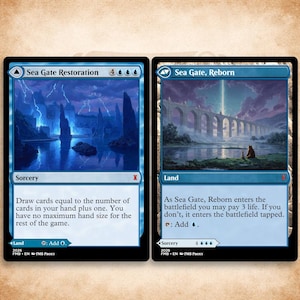 May include: Two Magic: The Gathering cards side-by-side. The left card is Sea Gate Restoration, a blue sorcery with a lightning-filled coastal landscape. The right card is Sea Gate, Reborn, a blue land featuring a stone bridge and two figures.