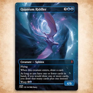 May include: A Magic: The Gathering card titled "Quantum Riddler." The card features a purple Sphinx creature with outstretched wings against a swirling blue and white cosmic background. The card's text includes "Flying" and "Warp 00."