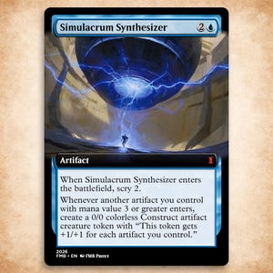 May include: A rectangular trading card titled Simulacrum Synthesizer featuring a dark blue spherical object emitting bright blue electrical energy bolts toward a small figure standing on a light-colored ground within a cavernous, tan-toned structure.