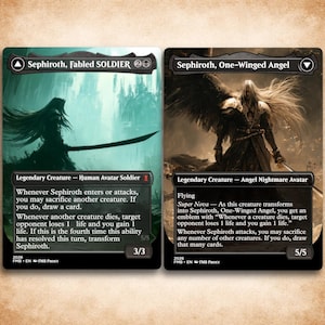 May include: Two rectangular trading cards featuring Sephiroth. The left card, Sephiroth, Fabled SOLDIER, shows a silhouette with a sword in a teal environment. The right card, Sephiroth, One-Winged Angel, depicts a long-haired figure with wings.