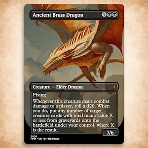May include: A collectible trading card featuring an illustration of an Ancient Brass Dragon with metallic scales and large wings. The card text includes the name, mana cost, creature type, flying ability, combat damage rules, and power/toughness 7/6.