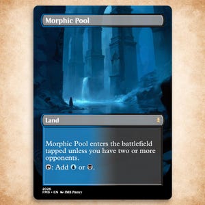 May include: A rectangular trading card titled Morphic Pool featuring a blue-toned illustration of tall stone pillars and a waterfall. The card text describes game mechanics, including the ability to add blue or black mana symbols.