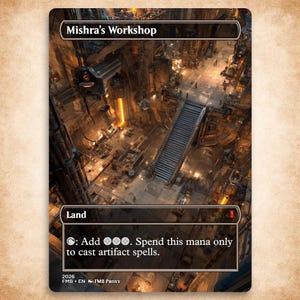 May include: A trading card featuring an industrial cityscape illustration. The card is labeled "Mishra's Workshop" and includes text indicating it is a Land card. The card's design incorporates a detailed, metallic aesthetic with a focus on artifact spells.