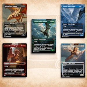 May include: A collection of five Magic: The Gathering trading cards featuring Elder Dragon creatures. The cards include Ancient Brass Dragon, Ancient Copper Dragon, Ancient Bronze Dragon, Ancient Silver Dragon, and Ancient Gold Dragon.