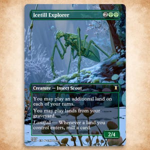 May include: A green and white Magic: The Gathering card titled "Icetill Explorer." The card features a detailed illustration of a metallic green insect-like creature in a snowy forest setting. The card text includes "Creature - Insect Scout" and game instructions.
