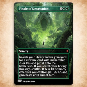 May include: A rectangular trading card titled Finale of Devastation featuring a green-toned illustration of a massive, roaring dinosaur-like creature in a dense forest with a small figure standing before it, and printed game rules in a black text box.