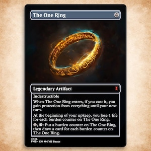 May include: A trading card featuring "The One Ring," a golden ring with intricate inscriptions, set against a dark background. The card is labeled as a "Legendary Artifact" with game instructions. The card has a black border.