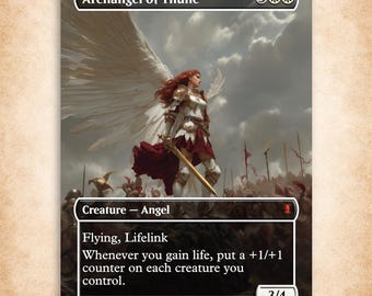 May include: A rectangular trading card titled Archangel of Thune featuring a winged figure in white and red armor holding a sword. The card displays the text Flying, Lifelink, and game mechanics against a battlefield background with a cloudy sky.
