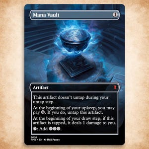 May include: A Magic: The Gathering card featuring a detailed illustration of a glowing, ornate vault. The card is labeled "Mana Vault" and includes game text. The artwork showcases a mystical artifact with a blue and black color scheme.
