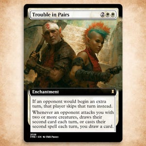 May include: A collectible trading card titled Trouble in Pairs featuring an illustration of two figures with pointed ears, one wearing a white headband and the other with a bright orange and teal mohawk, holding a pickaxe and a futuristic pistol.