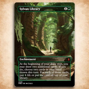 May include: A rectangular trading card titled Sylvan Library featuring an illustration of a figure walking through a forest path lined with towering, tree-like structures resembling bookshelves. The card text details enchantment rules.