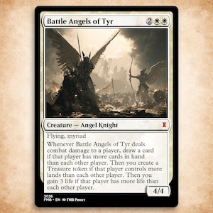 May include: A trading card titled Battle Angels of Tyr featuring a black border and white text. The illustration depicts winged figures in a battlefield scene. The card text includes creature type Angel Knight, power and toughness 4/4, and game rules.
