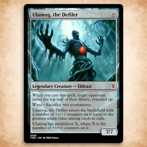 May include: A Magic: The Gathering trading card titled Ulamog, the Defiler, featuring a dark blue, skeletal creature with a glowing red core in its chest, raised arms, and tentacle-like lower body, set against a misty, ethereal blue background.