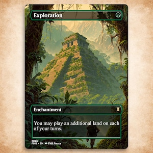 May include: A rectangular trading card titled Exploration featuring a green mana symbol, a large stone pyramid overgrown with vegetation in a jungle setting, and the text: You may play an additional land on each of your turns. The card is labeled Enchantment.