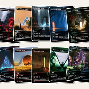 May include: A collection of ten rectangular trading cards featuring fantasy landscape illustrations. Each card displays a unique name like Blazemire Verge or Willowrush Verge, the category Land, and specific game text instructions at the bottom.