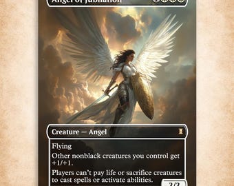 May include: A rectangular trading card titled Angel of Jubilation featuring a winged figure in white armor holding a sword and shield against a cloudy sky. The card includes game text, mana symbols, and a power and toughness rating of 3/3.