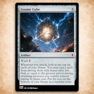May include: A rectangular trading card titled Cosmic Cube with a cost of 5. The artwork depicts a glowing, translucent cube floating in deep space surrounded by blue lightning. The card text describes an artifact with Ward 2 and an ability.