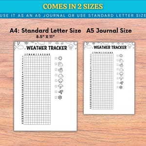 May include: Two white weather tracker sheets with black text and graphics. The larger sheet is 8.5" x 11" and the smaller is A5 journal size. The text includes "WEATHER TRACKER" and "J F M A M J J A S O N D".