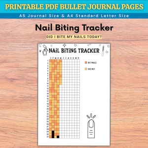 May include: A printable PDF bullet journal page with a nail-biting tracker. The page includes a grid to track nail-biting habits, with the text "Nail Biting Tracker" and "Did I bite my nails today?" The page is A5 journal size and A4 standard letter size.
