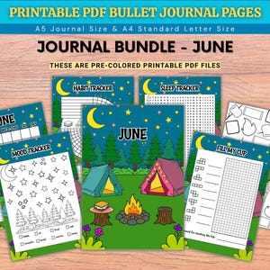 May include: A collection of printable PDF bullet journal pages with a camping theme. The pages include habit, sleep, and mood trackers, as well as a calendar and a "Fill My Cup" page. The journal bundle is for June and is available in A5 and A4 sizes.