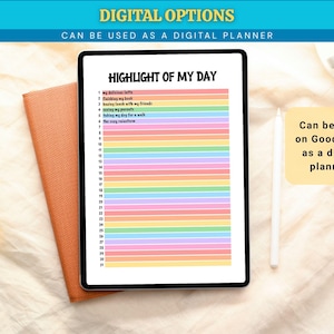K&ouml;nnte beinhalten: Ein digitales Tablet mit einer t&auml;glichen Tracker-Vorlage mit dem Titel HIGHLIGHT OF MY DAY und nummerierten Zeilen von 1 bis 31. Die Vorlage zeigt horizontale pastellfarbene Streifen in Pink, Orange, Gelb, Gr&uuml;n und Lila mit handschriftlichem Text.