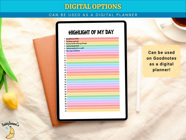 K&ouml;nnte beinhalten: Ein digitales Tablet mit einer t&auml;glichen Tracker-Vorlage mit dem Titel HIGHLIGHT OF MY DAY und nummerierten Zeilen von 1 bis 31. Die Vorlage zeigt horizontale pastellfarbene Streifen in Pink, Orange, Gelb, Gr&uuml;n und Lila mit handschriftlichem Text.