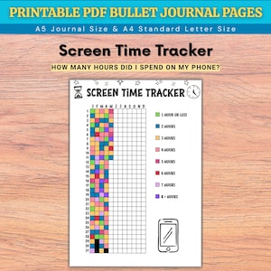 May include: A white printable PDF bullet journal page with a screen time tracker. The tracker includes a calendar grid, color-coded time blocks, and a phone icon. Text includes "Screen Time Tracker" and "How many hours did I spend on my phone?"