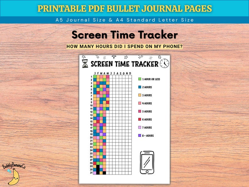 Op de afbeelding: Een witte, afdrukbare PDF-bullet journal pagina met een schermtijdtracker. De tracker bevat een kalenderraster, kleurgecodeerde tijdsblokken en een telefoonpictogram. Tekst bevat "Screen Time Tracker" en "How many hours did I spend on my phone?"
