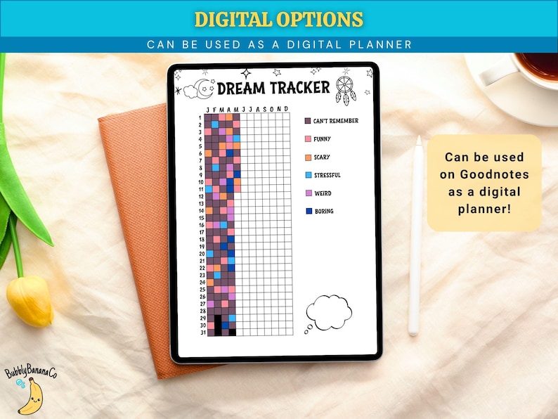 Puede incluir: Un rastreador de sue&ntilde;os digital en una tableta, con una cuadr&iacute;cula para rastrear las emociones de los sue&ntilde;os. La tableta est&aacute; sobre un cuaderno marr&oacute;n, con un l&aacute;piz &oacute;ptico y una taza de caf&eacute; cerca. El texto en la tableta dice "Dream Tracker".