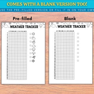 May include: Two white Weather Tracker sheets with the text "WEATHER TRACKER" and the months of the year. One sheet is pre-filled with weather icons, and the other is blank. The top banner reads "COMES WITH A BLANK VERSION TOO!"