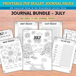 May include: A collection of printable PDF bullet journal pages for July, featuring black and white line art designs. The bundle includes a calendar, habit tracker, sleep tracker, mood tracker, and a fill my cup page with fireworks and lake scenes.