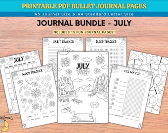 Juli Bullet Journal bundel BW - Summer Lake - afdrukbare pdf-bestanden - digitaal product - juliplanner - julijournaal - afdrukbaar dagboek - BuJo
