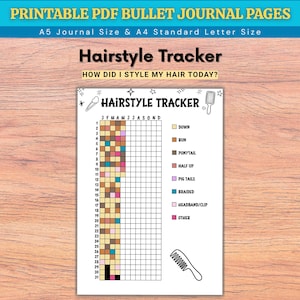 May include: A printable PDF bullet journal page with a hairstyle tracker. The page includes a grid to track daily hairstyles, with color-coded options for various styles like buns, ponytails, and braids. The text reads "Hairstyle Tracker: How did I style my hair today?"