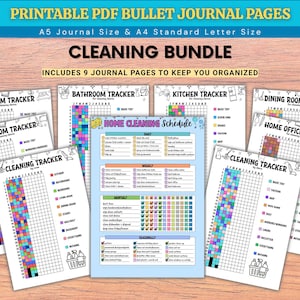 May include: A printable PDF cleaning bundle featuring nine journal pages for home organisation. The set includes trackers for the bedroom, bathroom, kitchen, dining room, living room, and home office, plus a central home cleaning schedule.