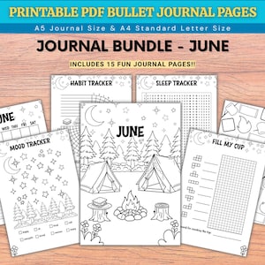 May include: Printable PDF bullet journal pages, including habit, sleep, and mood trackers. The journal bundle is for June and contains 15 fun pages. Available in A5 and A4 standard letter sizes. The pages feature illustrations of camping scenes and celestial bodies.