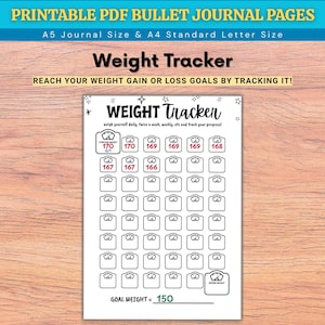 Può includere: Una pagina di monitoraggio del peso in PDF stampabile per bullet journal con una griglia di icone a forma di bilancia. L'intestazione recita Weight Tracker, con istruzioni per pesarsi quotidianamente, due volte a settimana o settimanalmente.