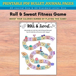 Op de afbeelding: Een printbaar PDF-fitnessbordspel genaamd Roll & Sweat met een kronkelend pad van oefentaken zoals squats, burpees en lunges. Het spelblad bevat illustraties van dobbelstenen, een kettlebell en dumbbells, met tekstinstructies voor dagelijks gebruik.