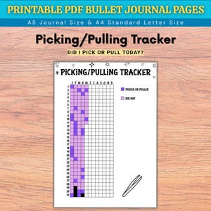 May include: A printable PDF bullet journal page with a picking/pulling tracker. The page includes a grid to track daily habits, with a legend indicating "Picked or Pulled" and "Did Not." The design features the text "Picking/Pulling Tracker."