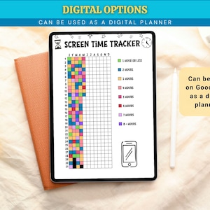Op de afbeelding: Een digitale schermtijdtracker op een tablet, met een raster voor het bijhouden van het dagelijkse schermgebruik. De tracker bevat een kleurgecodeerde sleutel voor tijdsintervallen en de tekst "SCREEN TIME TRACKER". De afbeelding bevat ook de tekst "DIGITAL OPTIONS".