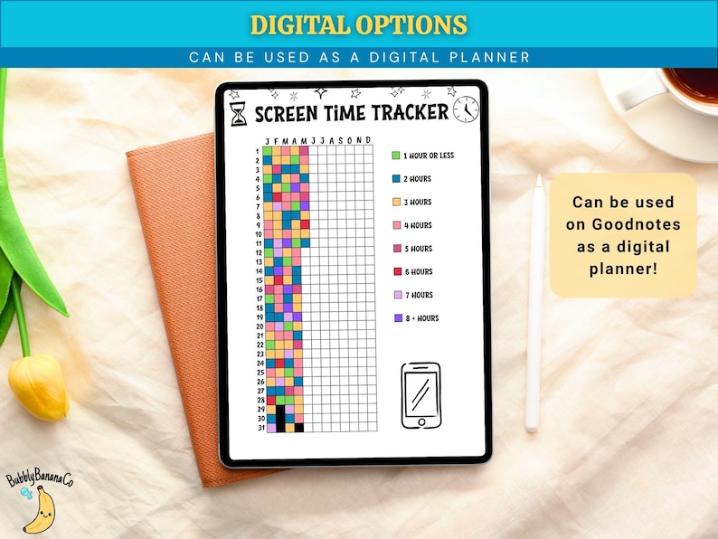 Op de afbeelding: Een digitale schermtijdtracker op een tablet, met een raster voor het bijhouden van het dagelijkse schermgebruik. De tracker bevat een kleurgecodeerde sleutel voor tijdsintervallen en de tekst "SCREEN TIME TRACKER". De afbeelding bevat ook de tekst "DIGITAL OPTIONS".