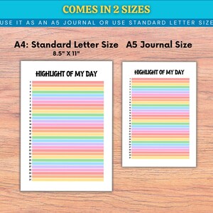 K&ouml;nnte beinhalten: Zwei druckbare Tagebuchseiten mit der &Uuml;berschrift HIGHLIGHT OF MY DAY und nummerierten Zeilen von 1 bis 31. Die gr&ouml;&szlig;ere Seite ist als A4 Standard Letter Size und die kleinere als A5 Journal Size gekennzeichnet. Beide haben pastellfarbene Streifen.