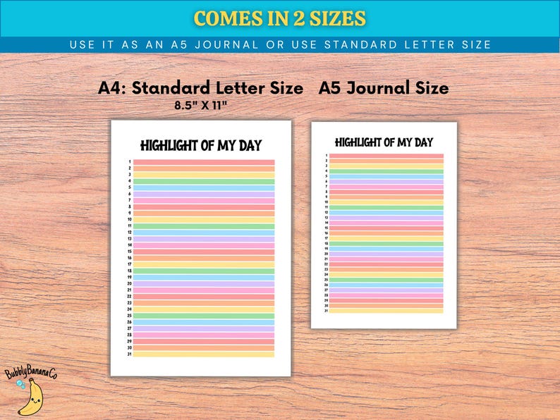 K&ouml;nnte beinhalten: Zwei druckbare Tagebuchseiten mit der &Uuml;berschrift HIGHLIGHT OF MY DAY und nummerierten Zeilen von 1 bis 31. Die gr&ouml;&szlig;ere Seite ist als A4 Standard Letter Size und die kleinere als A5 Journal Size gekennzeichnet. Beide haben pastellfarbene Streifen.