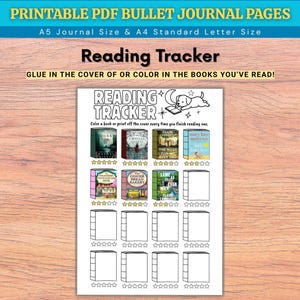 May include: A printable PDF reading tracker with the text "Reading Tracker". The design includes spaces to color in book covers and rate them with stars. The text "Glue in the cover of or color in the books you've read!" is also included.