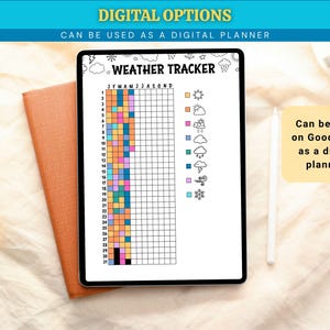 May include: A digital weather tracker displayed on a tablet, with the text "WEATHER TRACKER" at the top. The tracker includes a calendar grid with color-coded squares and weather icons. The tablet rests on a brown notebook.