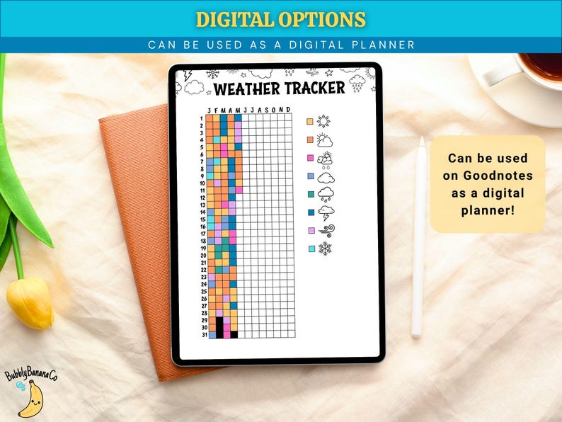 May include: A digital weather tracker displayed on a tablet, with the text "WEATHER TRACKER" at the top. The tracker includes a calendar grid with color-coded squares and weather icons. The tablet rests on a brown notebook.