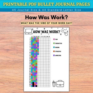 May include: A printable PDF bullet journal page with the title "How Was Work?" and a grid to track daily work vibes. The page includes a color-coded key for fun, productive, boring, stressful, and annoying days. The design includes a laptop, a mouse, a coffee cup, and a briefcase.