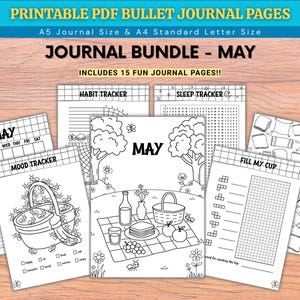 May include: A collection of printable PDF bullet journal pages. The pages include habit trackers, sleep trackers, and mood trackers. The journal bundle is for the month of May and includes 15 fun journal pages. The pages are A5 journal size and A4 standard letter size.