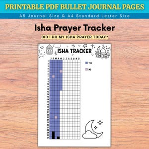 May include: A printable Isha Prayer Tracker PDF page featuring a grid for tracking daily prayers across months. The design includes a mosque, lantern, and moon illustration, with columns for months and rows for days, plus a legend for yes and no.