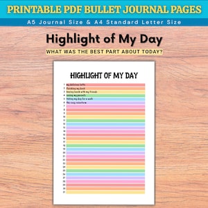 May include: A printable bullet journal page titled Highlight of My Day with the subtitle What Was The Best Part About Today? The page features a numbered list from 1 to 31 with alternating pastel colored horizontal lines for daily entries.